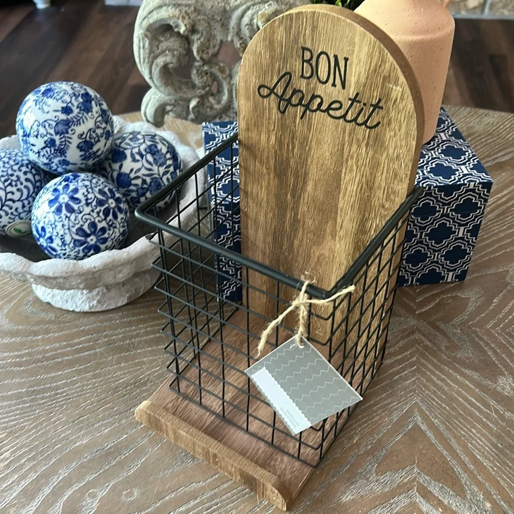 NEW! French Shabby Chic Cottage Wood & Black Metal Utensil Flatware Caddy